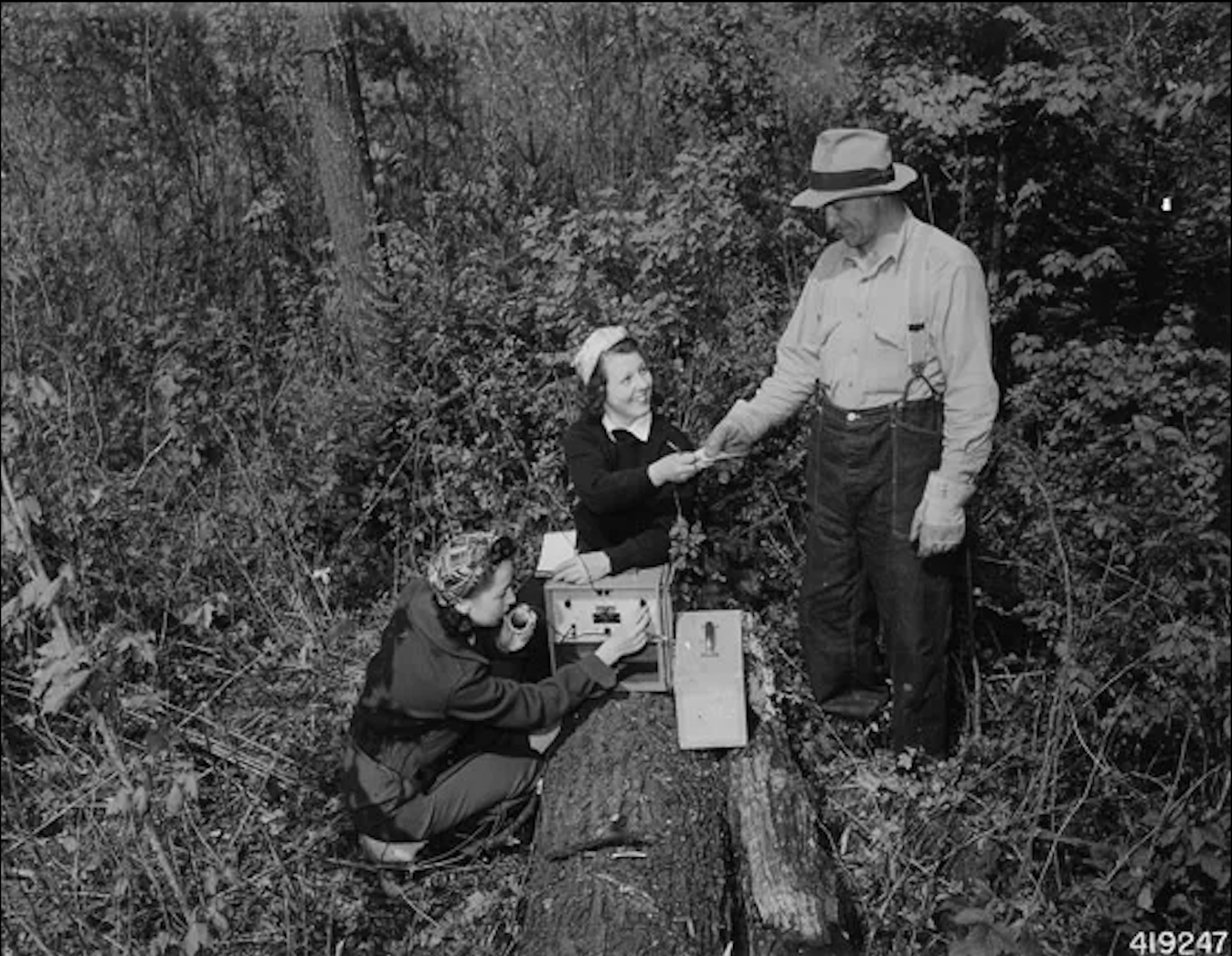 Photograph of 2 women taking scientific measurements in a forest with a man assisting.