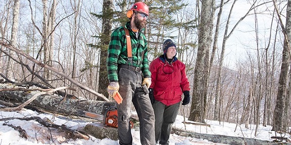 Forester Kathy Beland and logger Thad Poremski on VLT-conserved land in Wallingford, Vermont. 