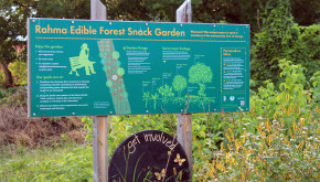 Rahma Edible Forest Snack Garden sign surrounded by food garden. Photo: Catherine Bukowski, VA Tech