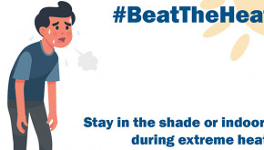 #BeatTheHeat, cartoon man sweating excessively in the hot sun