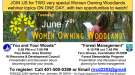 Event flyer with event details, image of person in the woods, and Women Owning Woodlands logo.
